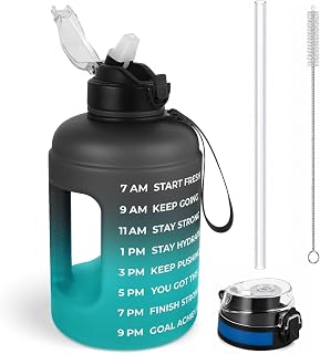 Half Gallon Water Bottle with 2 Lids,Dishwasher Safe, BPA Free,Leak Proof | 1/2 Gallon Water Jug,Shatter Resistant, Resuable,Large Water Bottle with Straw,Time Marker,Big Gym Motivational Water Jug