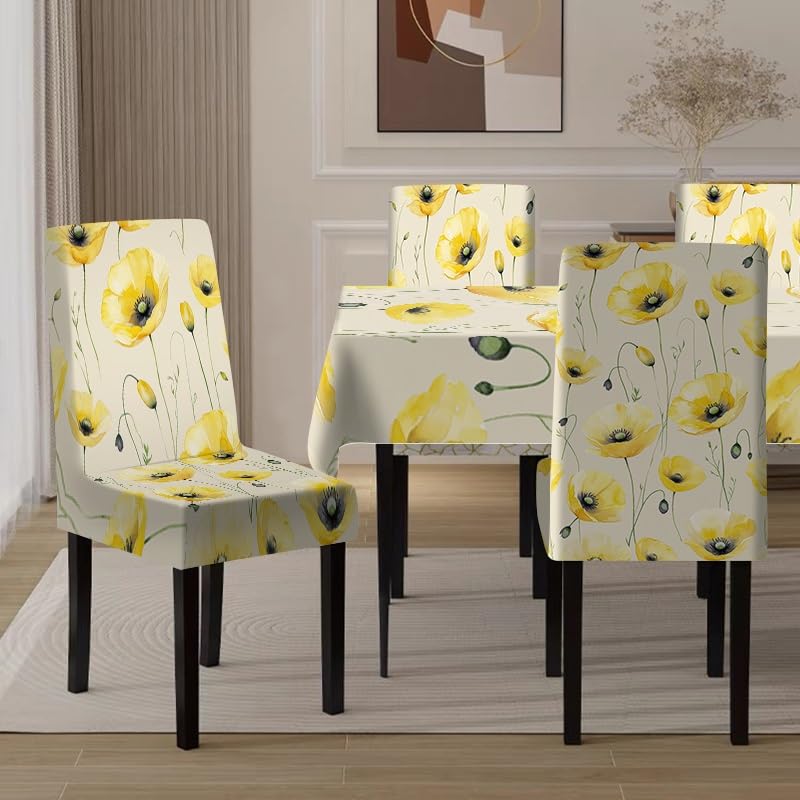 Nappe et housses de chaise coquelicots jaunes, ensemble de 5 à 7 pièces pour salle à manger