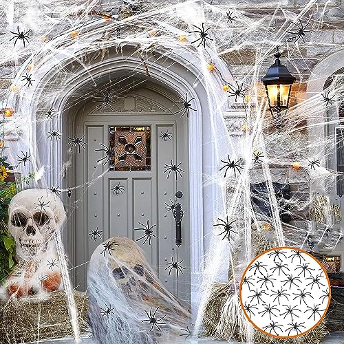 Telaraña Halloween, Decoración de Halloween Telaraña, 400g Telaraña Elástica con 80 Arañas Falsas, Tela de Araña para Decoracion Halloween Casa Exterior, Fiesta Terror, Mesa, Puerta, Ventana, Jardín