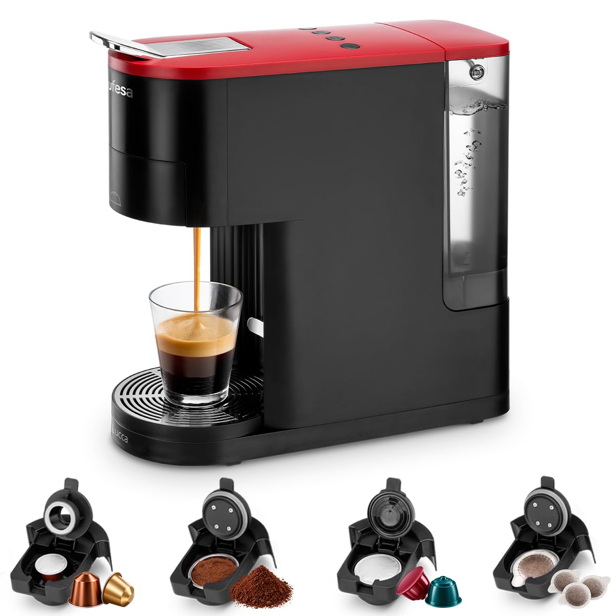 Ufesa Lucca Cafetera Multicápsulas 4 en 1, Compatible con Cápsulas, Café Molido y ESE Monodosis, 1400W, Calentamiento Rápido 40s, Depósito Extraíble 950 ml, Autolimpieza, Apagado Automático