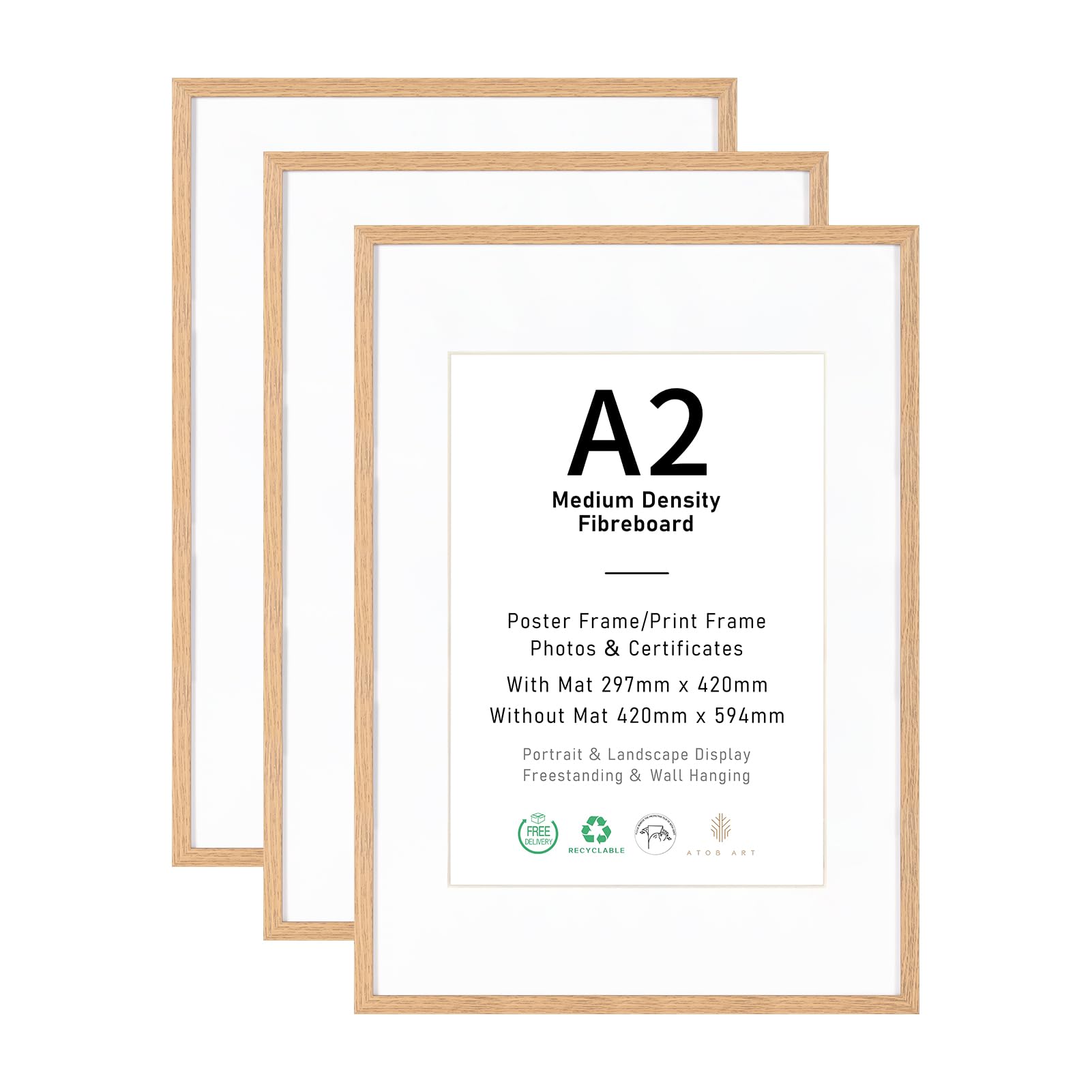 A2 Picture Frame Set of 3, Display A3 with Mat or A2 without mat Images, Natural Wood Photo Frames for Wall Mounting Display โ image 1