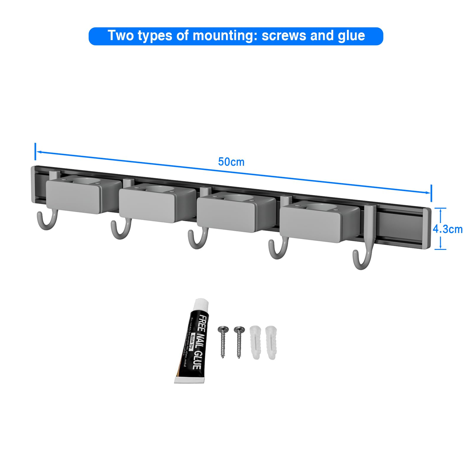 Mustorn Porta Scope Parete, Appendi Scope A Muro Porta Scope Esterno Con 4 Supporti E 5 Ganci 60cm Portascope Da Muro Appendibile Ganci Portascope Da Supporto Da Parete Per Mocio Da Bagno(Grigio)
