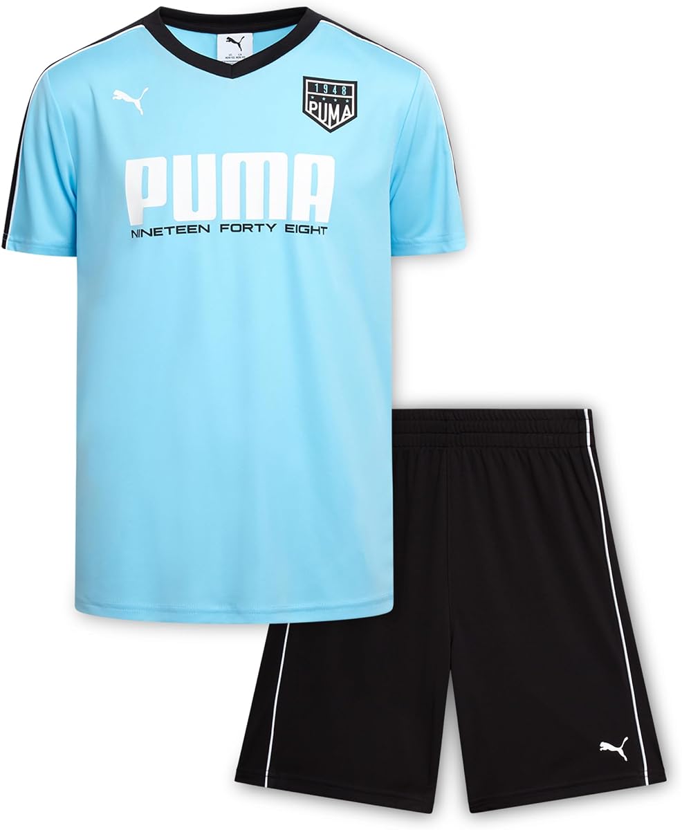 Conjunto de pantalones cortos de 2 piezas para niños Conjunto de camiseta de fútbol y pantalones cortos activos (tallas 8-16) | Tejido de alto rendimiento transpirable, comodidad ligera, ajuste de manga corta, ideal para entrenamiento, juegos y práctica.