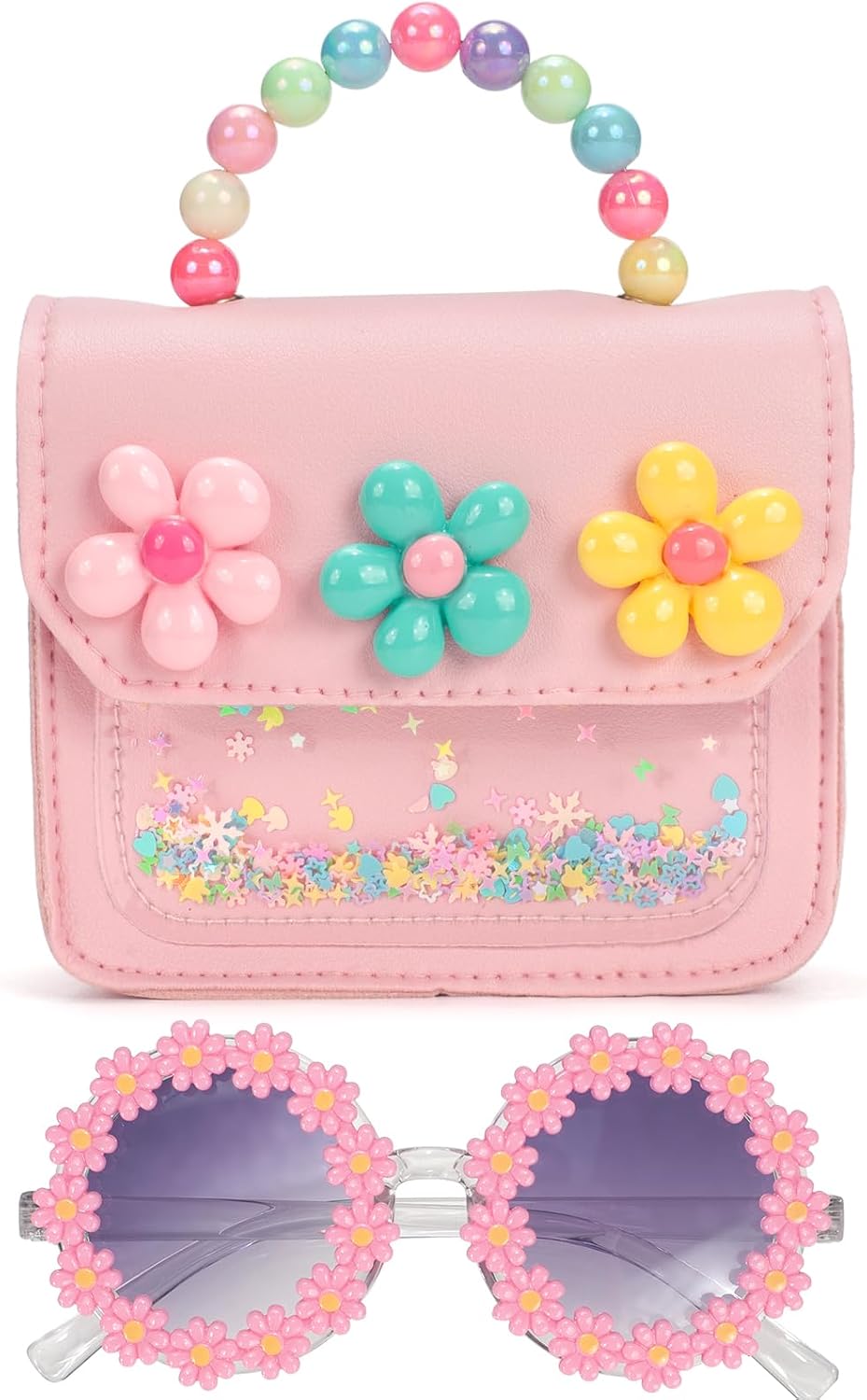 Girls Purse - Cute Kids Crossbody Bag with Beaded Handle & Glitter Windowm,Purple Flower Toddler Handbag Birthday Gifts for Age 3-8