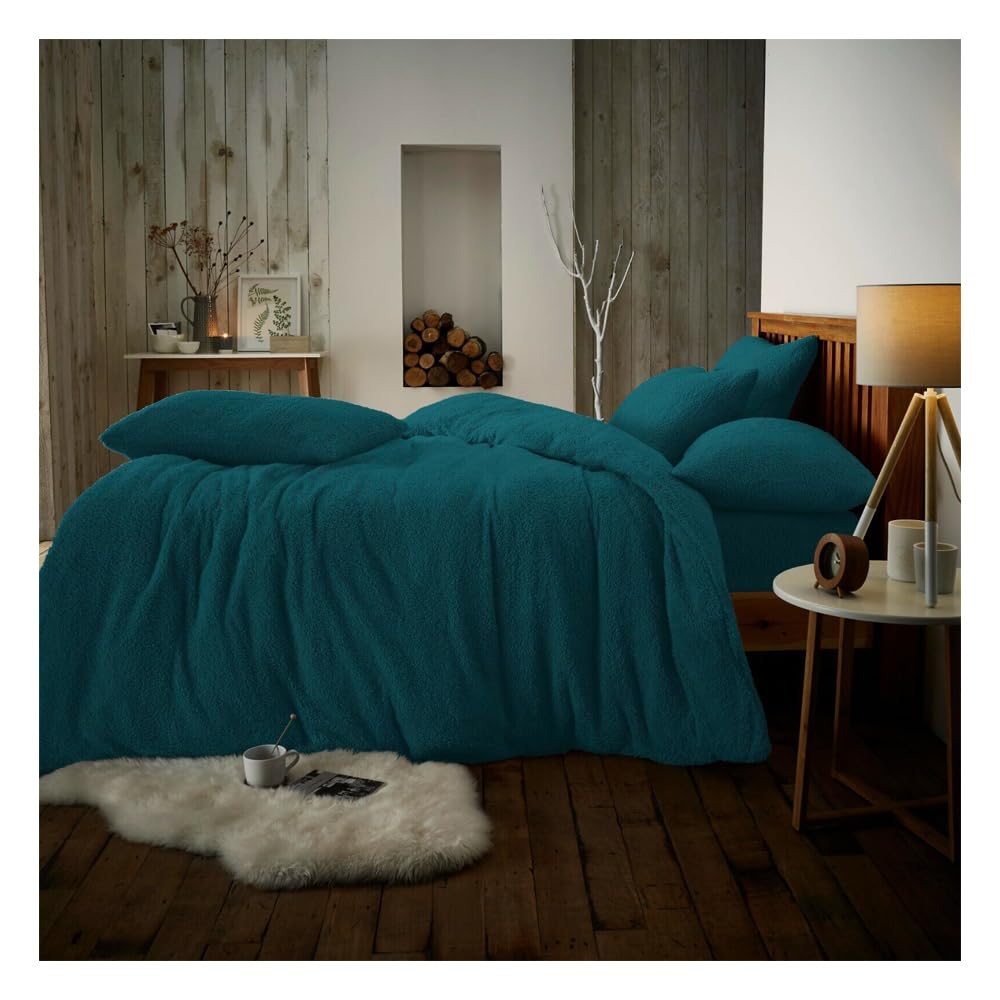 Slumber Nights Teddy Duvet Cover and Pillowcases Set Soft warm Fleece Bedding (Green, Double Duvet Cover Set)