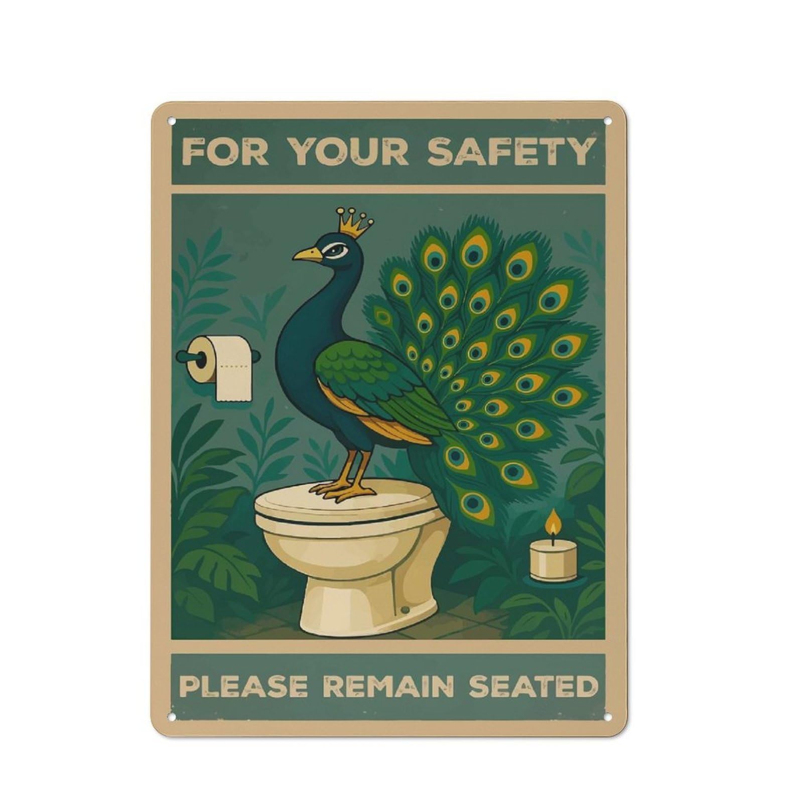 Junmoney Style-16 Peacock On Toilet Safety Poster Barn Style Metal Wall Decor 40X30cm, Country Metal Sign For Kitchen, Cottage, Porch Or Garden Room