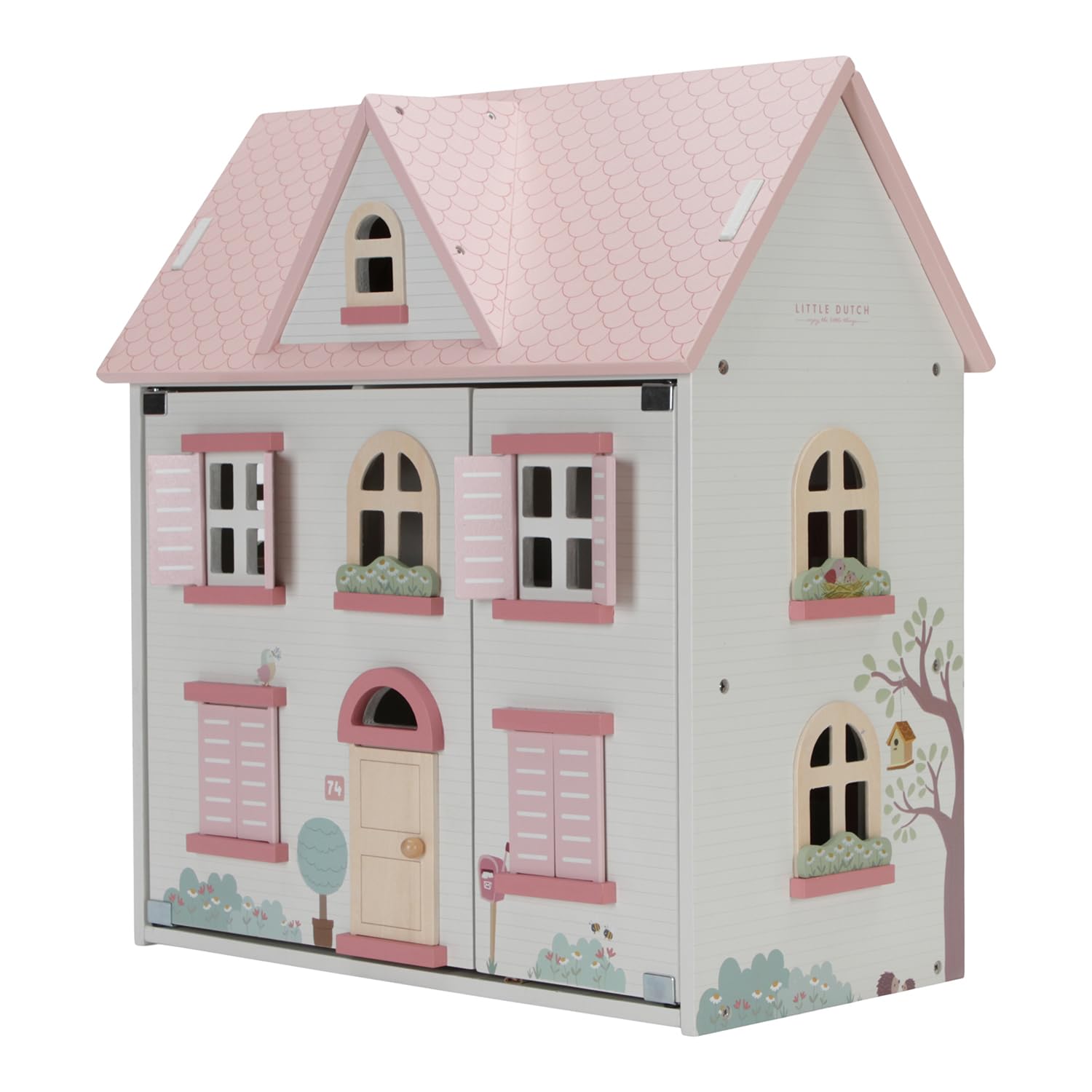 Little Dutch Casa de muñecas grande de madera desplegable con muchos accesorios, figuras de juego y muebles, color blanco y rosa