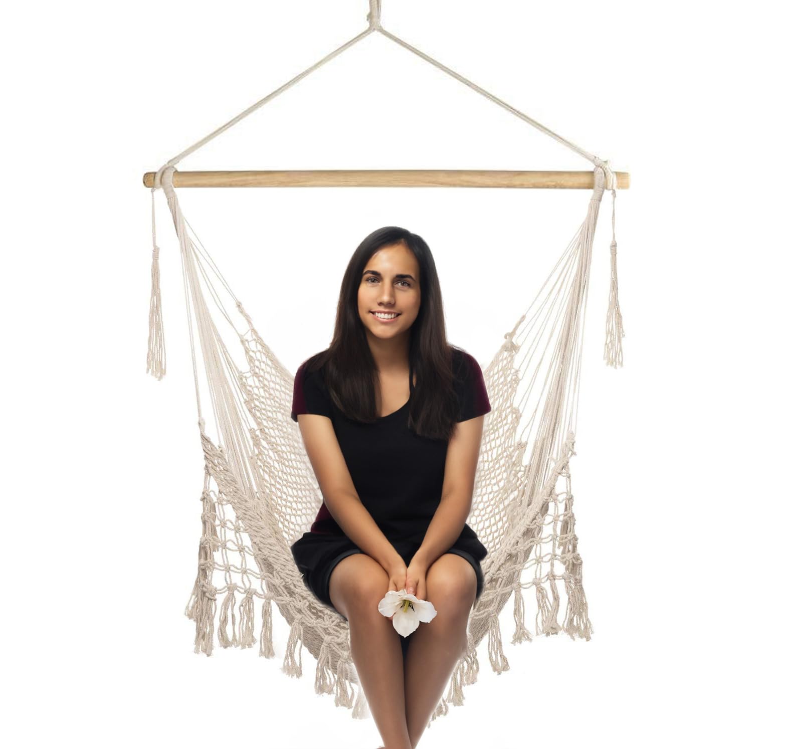 LENND Hammock Chair Super Large Hanging Soft-Spun Cotton Rope Weaving Chair, Hardwood Spreader Bar Wide Seat Lace Swing Chair Indoor Outdoor Garden Yard Theme Decoration, MS875