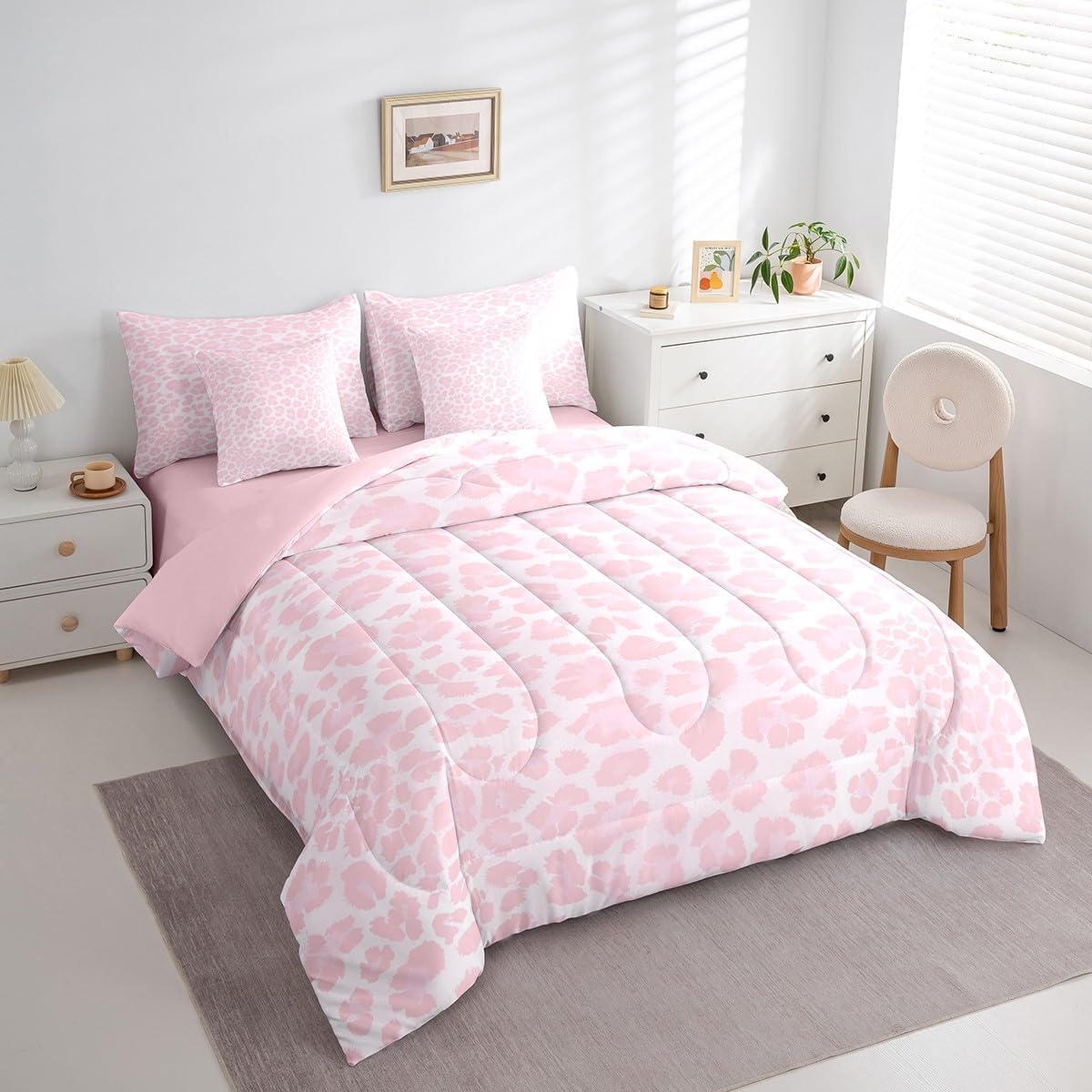 Feelyou Pink Leopard 7 Pieces Comforter Sets for Kids Boys Girls Animal Print Bedding Set for All Season Twin Size Cheetah Bed Set Includes Comforter, Sheet Set, Pillowcases & Pillow Covers