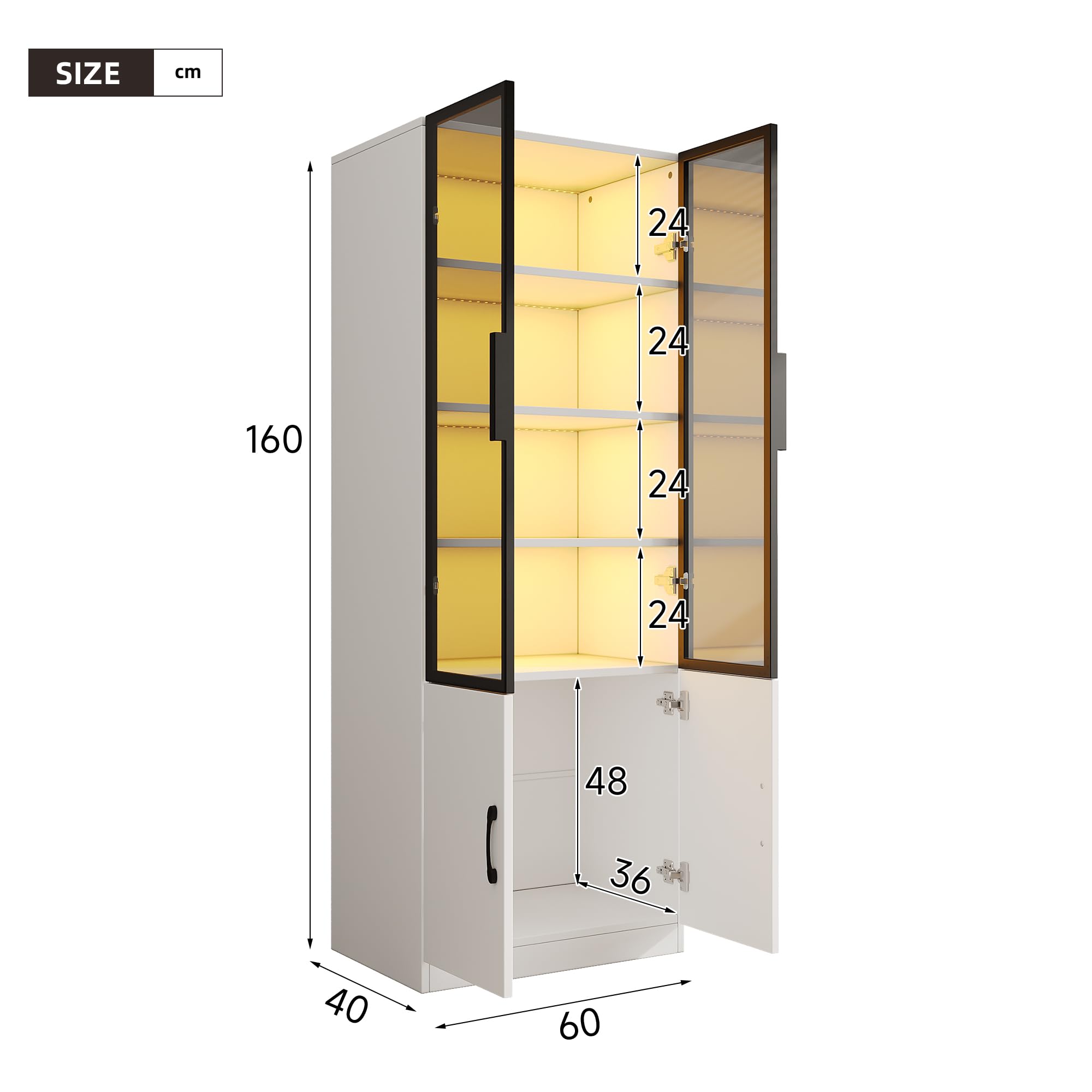 60 x 40 x 160 cm, vetrina in vetro fumé con telaio in alluminio, due ante nella parte inferiore, libreria, credenza, bianco