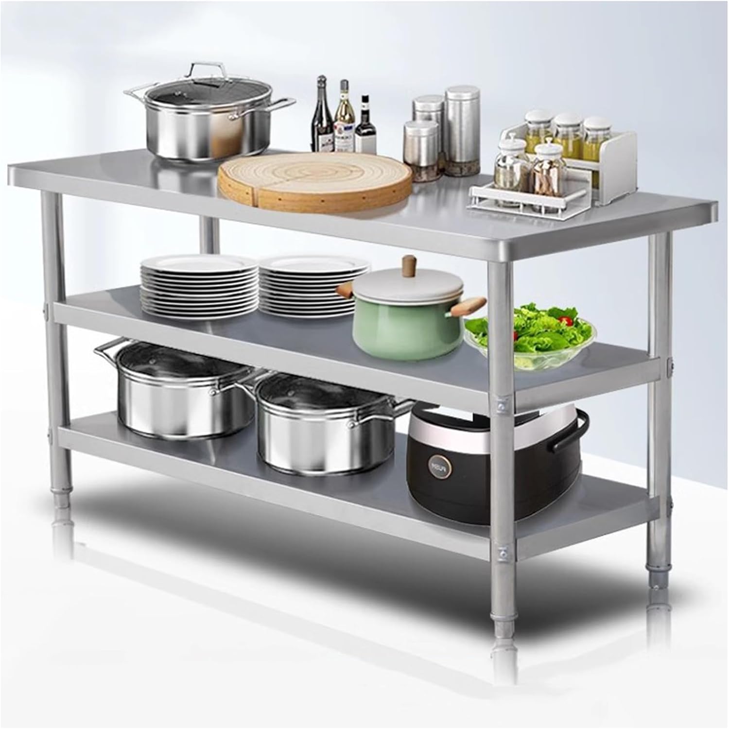 Three-tier Kitchen Prep Table Stainless Steel Work Table Kitchen Chopping Board Open Storage Shelf Metal Table Adjustable Feet to Adapt to Uneven Floor