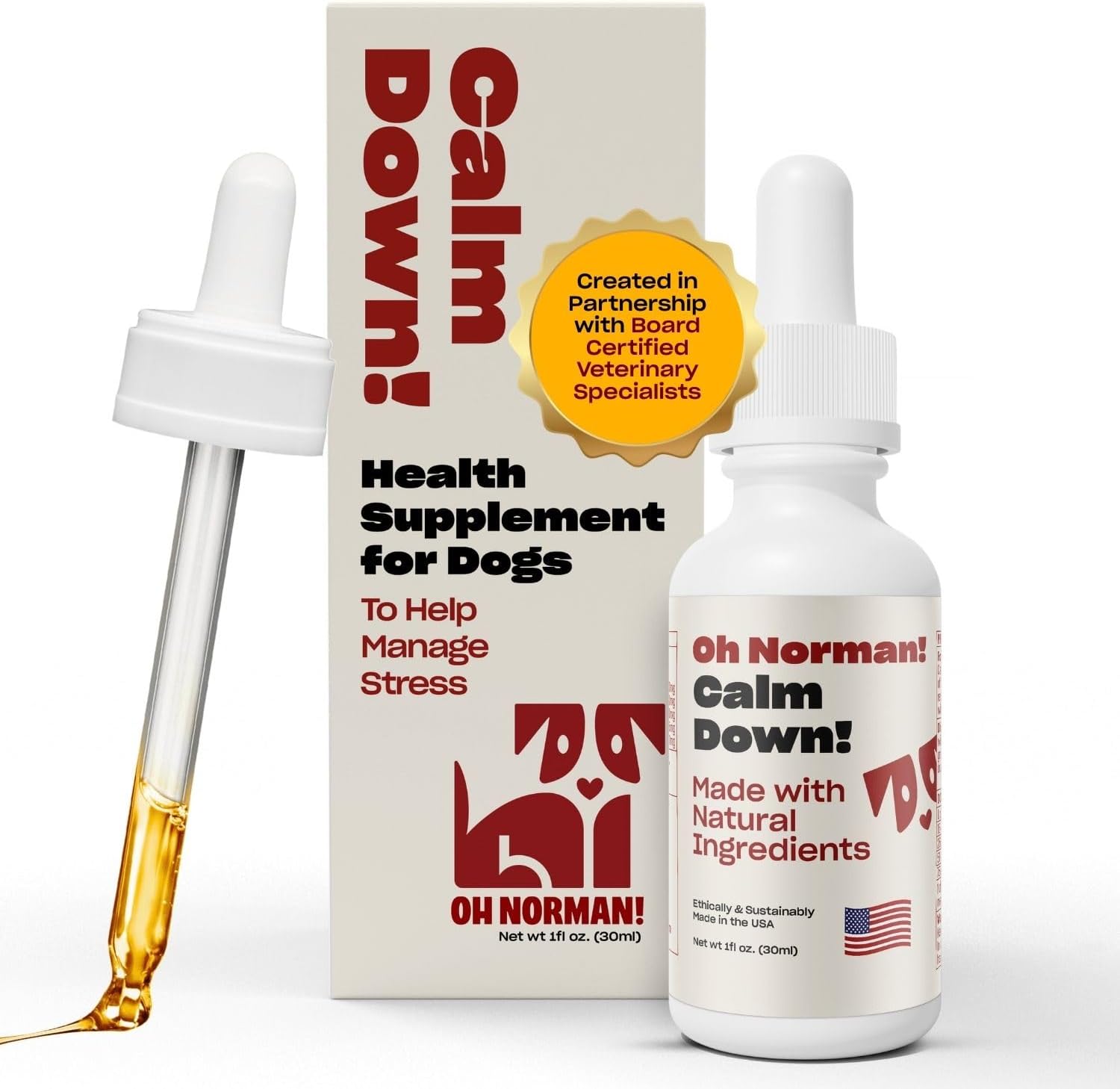 OH NORMAN! Dog Calming Aid Supplement with Chamomile, L-Theanine, Valerian, Passion Flower & Melatonin - Calm Down! by Kaley Cuoco - Ideal for Separation, Thunderstorms, Fireworks & Travel - 1 Fl Oz