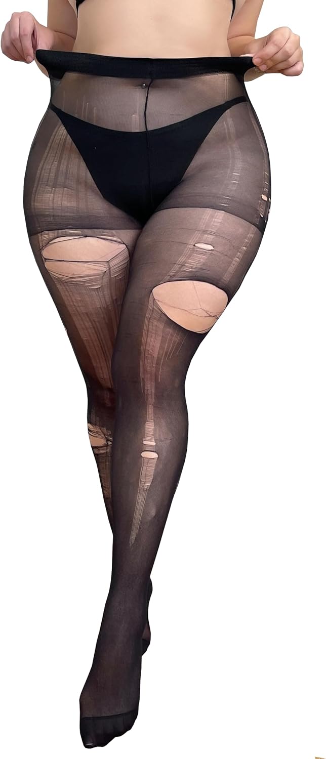 Thigh High Stockings for Women Plus Size Sheer Thigh High Stockings Lace Trim Garter Belt Suspender Sexy Pantyhose