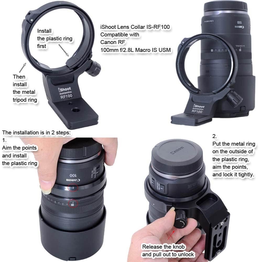 iShoot Objektivhalsband-Stativhalterungsring, kompatibel mit Canon RF 100 mm f/2.8L Makro IS USM, Objektivstütze, Halterung unten ist Arca-Swiss Fit Schnellwechselplatte für