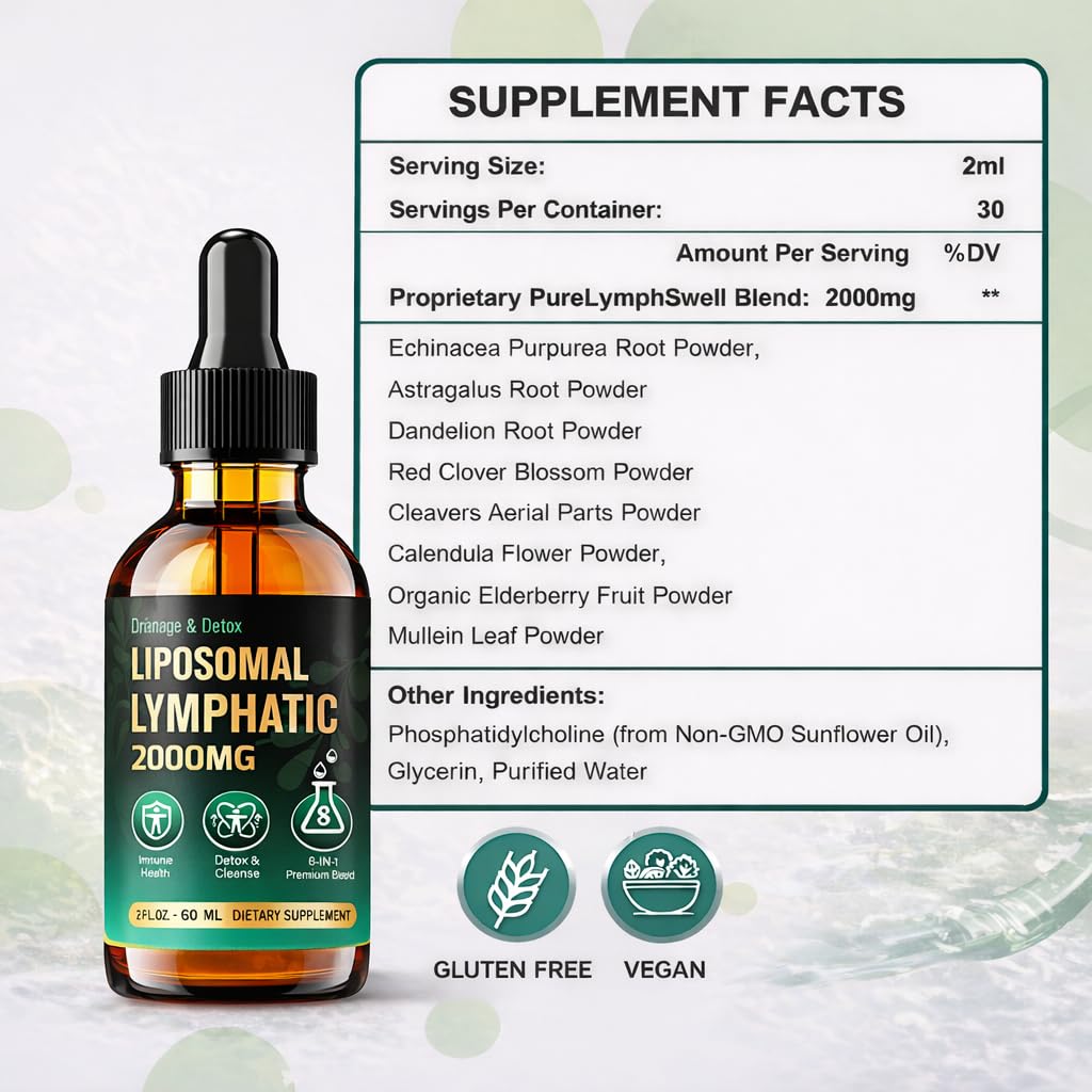 Lymphatic Drainage Drops for Lymph System Cleanse & Detox, Liposomal Lymphatic Drainage Supplements with Cleavers, Calendula, Echinacea & Dandelion-Immune Health, 2 fl oz/60ml — view 3