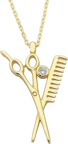 Collar con dije de tijeras y peine de oro macizo de 14 quilates, estilista, aparador, salón, regalo, moda, peluquería, tienda de belleza, joyería