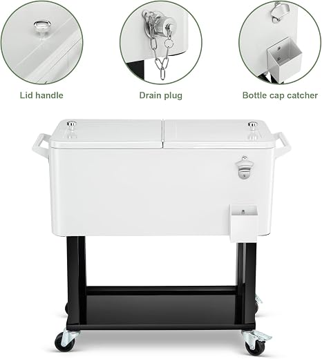 EDOSTORY 80 Quart Rolling Ice Chest Cooler Cart,Patio Backyard Party Drink Beverage Bar Stand Up Cooler Trolley with Ice Scoop