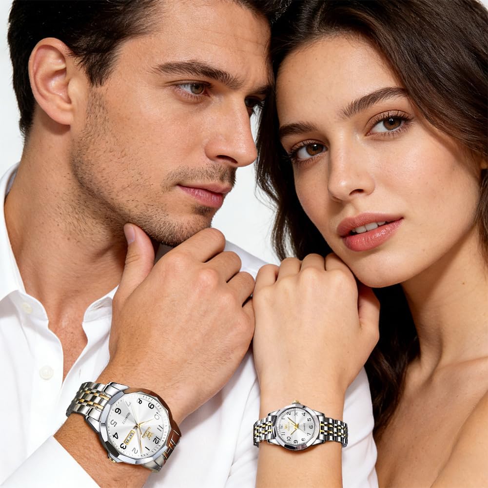 OLEVS Valentines Couple Pair Quartz Watches Luminous Calendar Date Business Dress Luxury His and Hers Wristwatch Waterproof Casual Stainless Steel Lovers Wedding Romantic Watches - Image 3