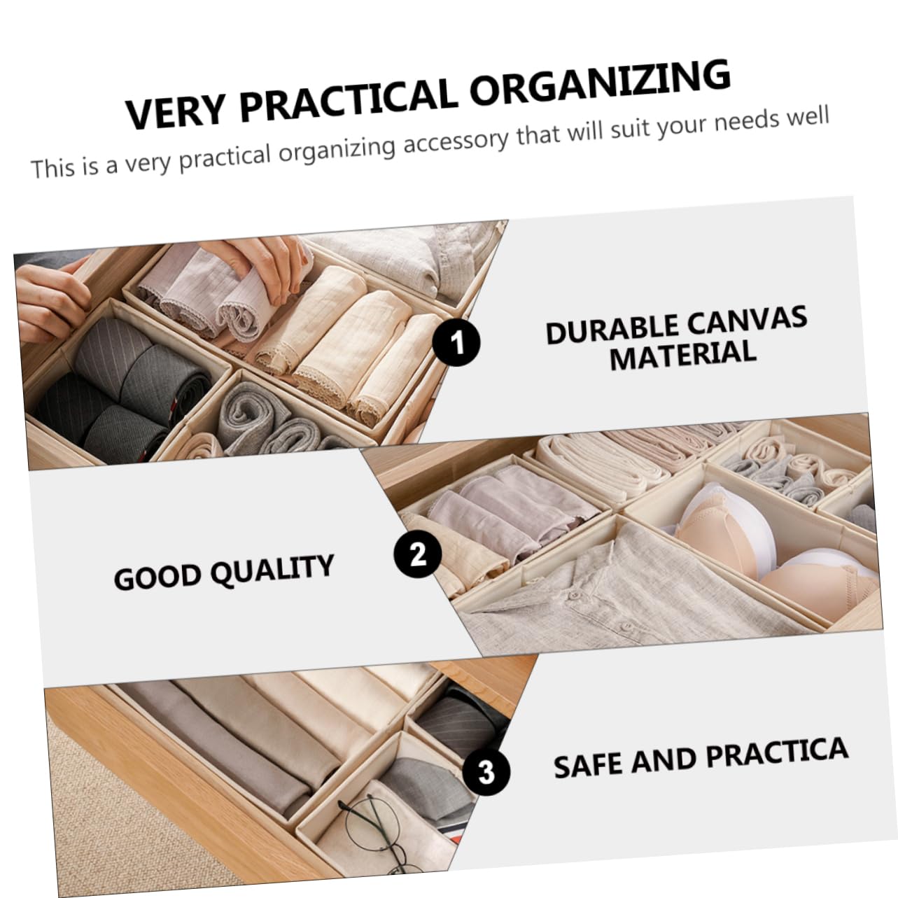 Set 3 Pezzi Scatole Portaoggetti per Intimo Beige Divisori Organizzatori per Cassetti per Ordinare Reggiseni e Biancheria in Camera da Letto