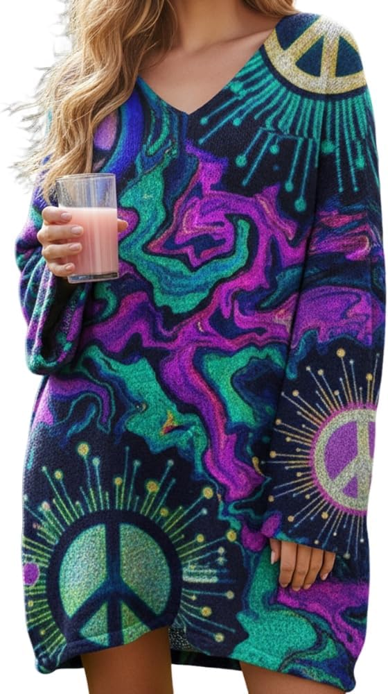 TIAFORD Boho V Neck Oversized Dress for Women 2026 Spring Multicolor Abstract Floral Printed Loose Long Sleeve Tunic Tops