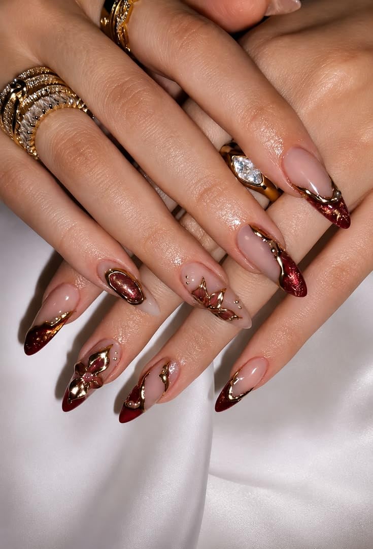 Nails Elegance - Crimson Royale Press-On Nails – Set of 10 with Application Kit | Red Chrome French Tips, 3D Floral Art & Gold Metallic Detailing-image-25