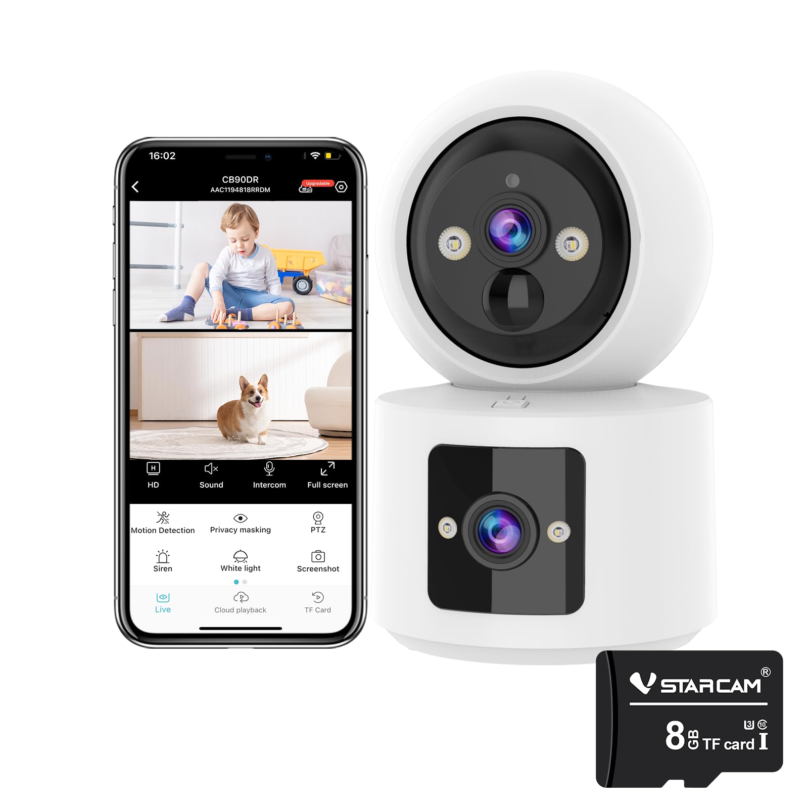 VSTARCAM Innen-Überwachungskamera mit Dual-Lens 8 GB Micro SD Karte, EIN TIPP Anruf, PIR Bewegungserkennung, Farbnachtsicht und Zwei-Wege-Audio