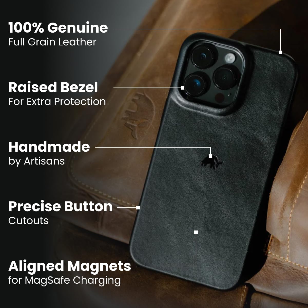 Bullstrap Minimalist Open Bottom Handcrafted Leather Case for iPhone 13 Pro | MagSafe Compatible Premium Full-Grain iPhone 13 Pro Leather Case w/Beautiful & Unique Patina | Black