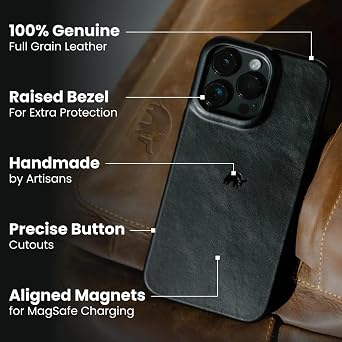 Bullstrap Minimalist Open Bottom Handcrafted Leather Case for iPhone 13 | MagSafe Compatible Premium Full-Grain iPhone 13 Leather Case w/Beautiful & Unique Patina | Black