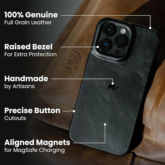 Bullstrap Minimalist Open Bottom Handcrafted Leather Case for iPhone 13 | MagSafe Compatible Premium Full-Grain iPhone 13 Leather Case w/Beautiful & Unique Patina | Black
