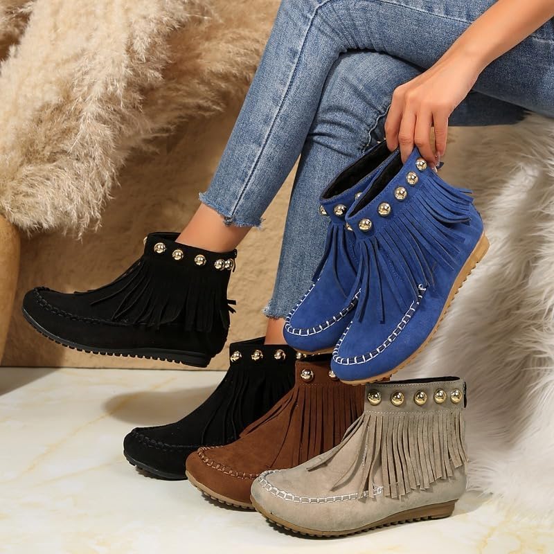 Women's Ankle Boot - Western Fringe Cowboy Low Heel Bootie Women Suede Casual Boots with Metal Beads