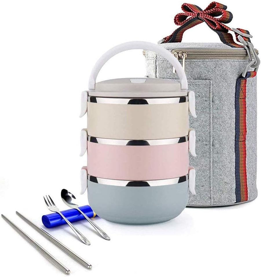 Stainless Steel Lunch Box , Lock Container Bag With Spoon & Chopsticks Fork Set , 3 Tier Airtight Insulated Food Storage Boxes For Kids & Students , Portable Snack Case For Office , Camping , Travel