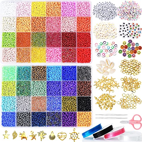 17311pcs 48 Farben Perlen zum Auffädeln, 3mm Rocailles Perlen, Perlen Set, Glasperlen zum Auffädeln, Perlen für Armbänder Ketten Ringe Handykette Schmuckherstellung, Perlenset mit 510pcs Zubehör Cover