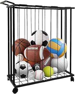 Estante grande de almacenamiento de pelotas de garaje con ruedas, organizador de equipos deportivos rodantes, soporte independiente para pelotas de baloncesto, fútbol, voleibol, fútbol