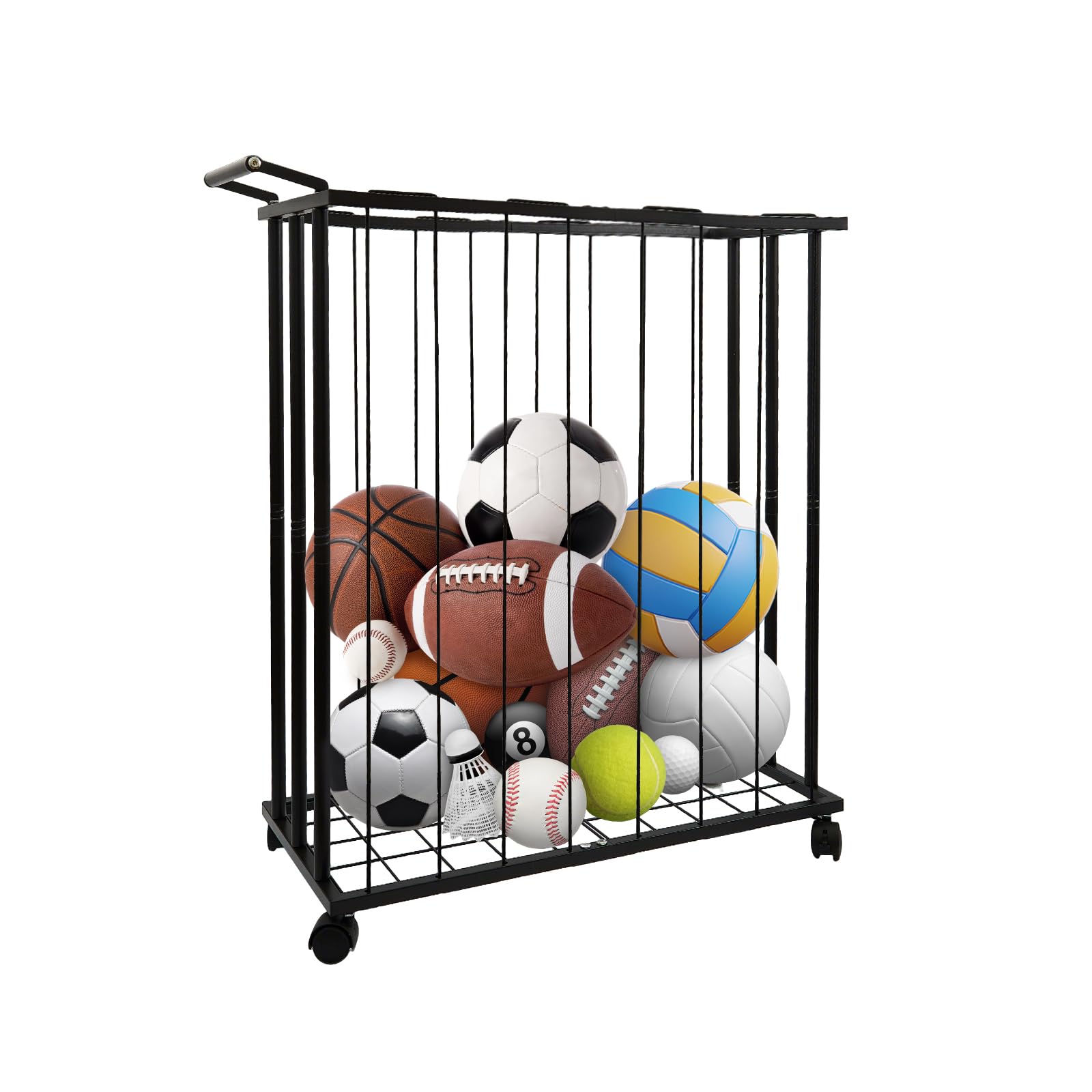 URMMIY Large Garage Ball Storage Rack with Wheels for Basketball & Soccer | Rolling ball organizer stores basketballs, soccer balls and sports gear; large-capacity rack moves easily around the garage.
