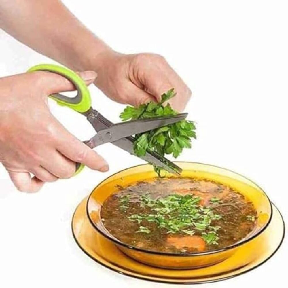 Kitchen Scissors for Home | 5-Blade Herb Cutting Scissors with Stainless Steel Blades & Green Ergonomic Handles | Multipurpose Scissor Set with Cleaning Comb for Vegetable Cutting, Herbs & Spices 2