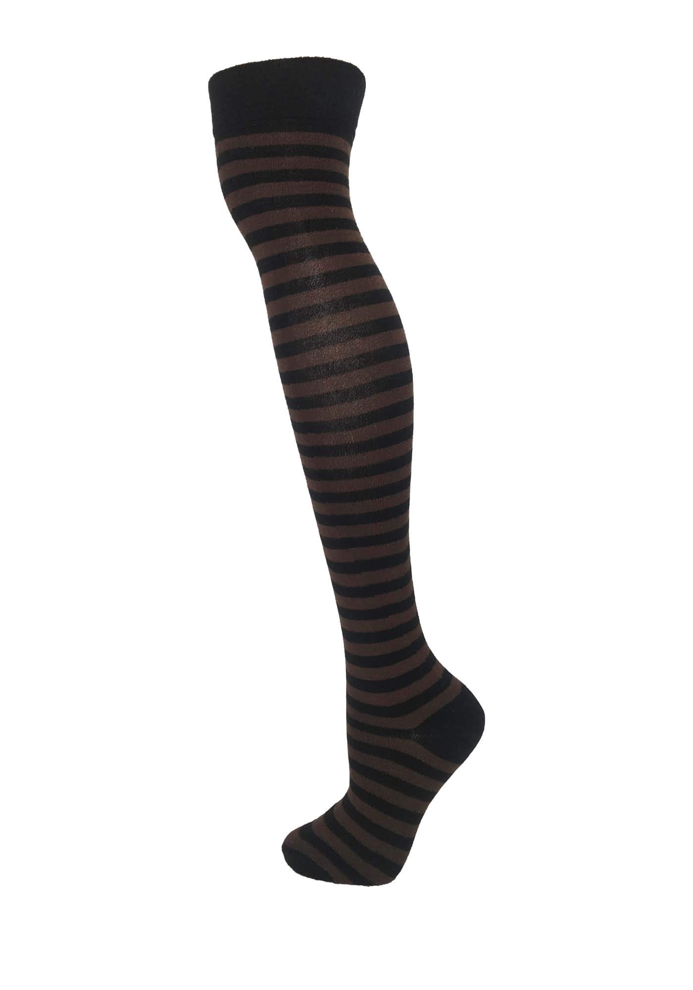 M Macahel Women's Black & Brown Macahel Thin Striped Over The Knee Socks (Black & Brown)