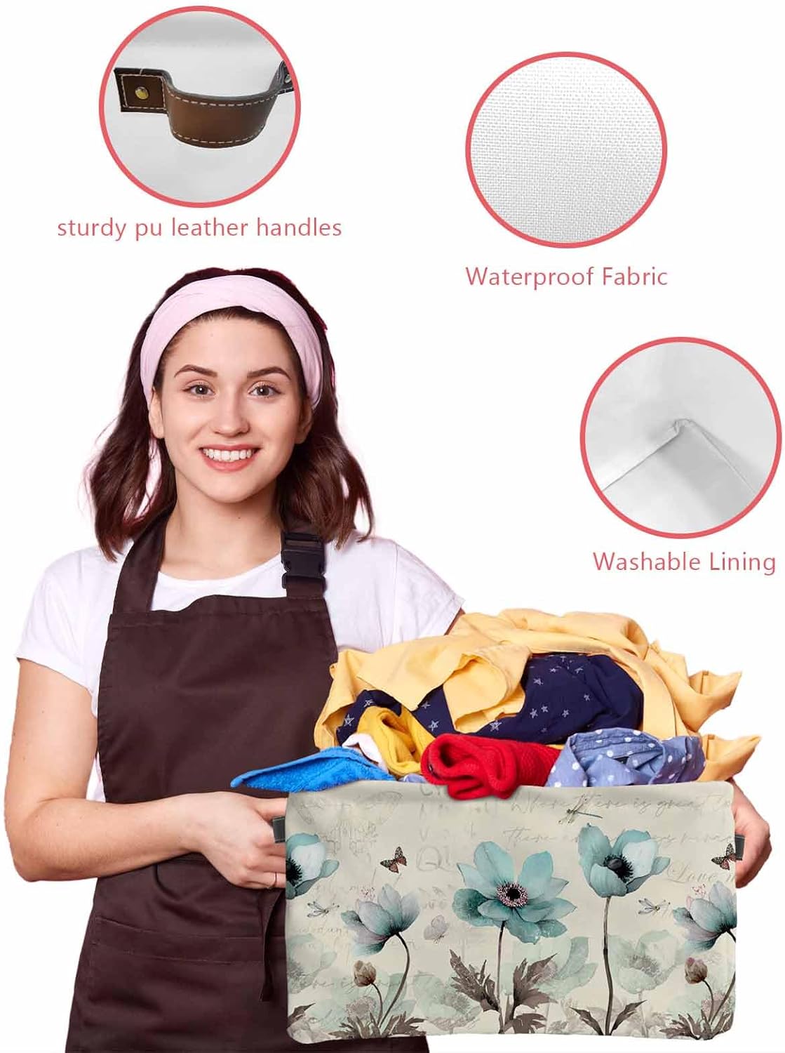 Teal Tulip Flower Storage Bins with Handles, Elegant Rustic Floral Butterfly Vintage Beige Storage Basket for Shelves, Cube Storage Organizer Bins for Cloth, Closet (1 Pack, 15" x 11" x 9.5")