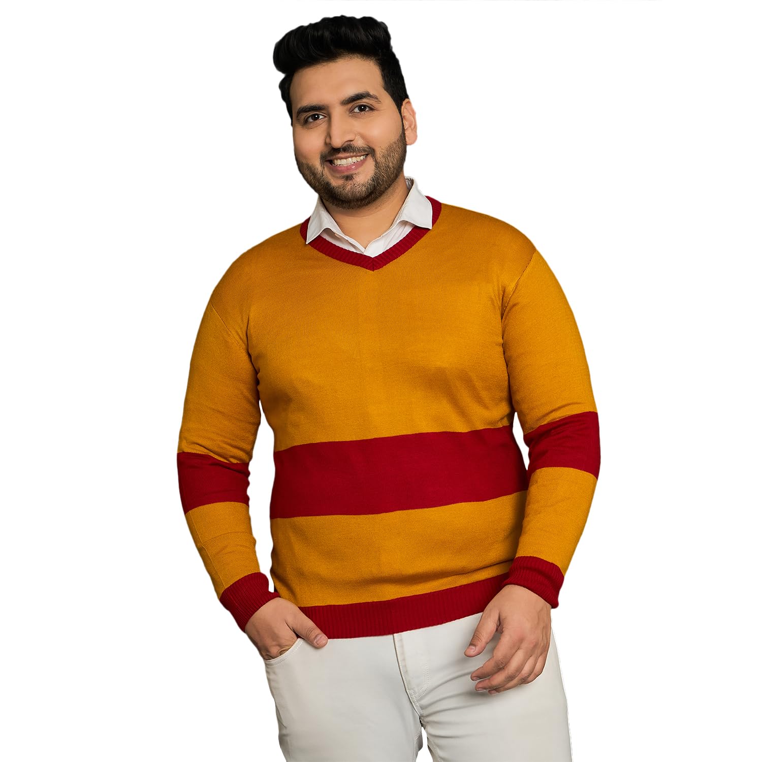bigbanana Men Plus Size Colourblocked Mustard Sweater-picture-53