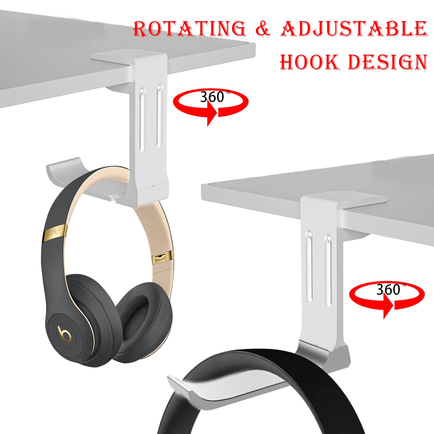 Supporto Cuffie Regolabile - Gira 360&deg;, Con Clip Per Cavi, Per Scrivania