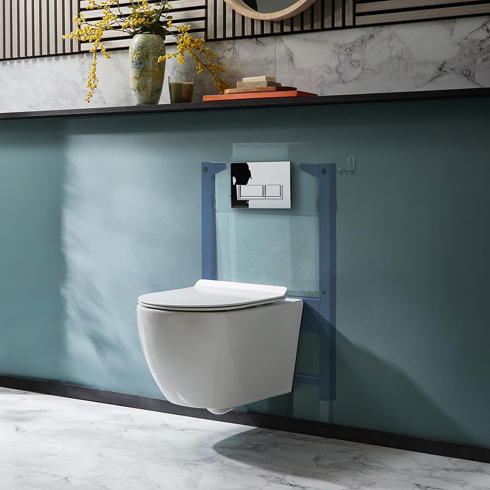 Milano Overton Wall Hung Rimless Toilet Short Frame Dual Flush Cistern - Chrome Rectangular Plate