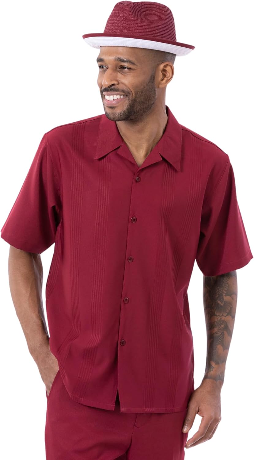 MONTIQUE Men's 2 Piece Short Sleeve Walking Suit - Elegant Tone on Tone Vertical Stripes (Style #2306)