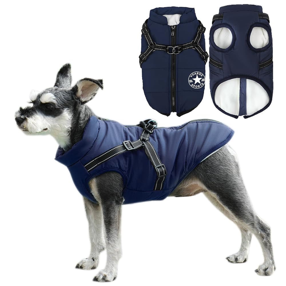 Voarge Hundejacke Winterweste Jacken, Hundemantel mit Geschirr für Kleine Hunde Hundemantel Wasserdicht Maschinen Waschbarer Reflektierender Streifen Design Haltbarer D-Ring (Blau, 2XL)