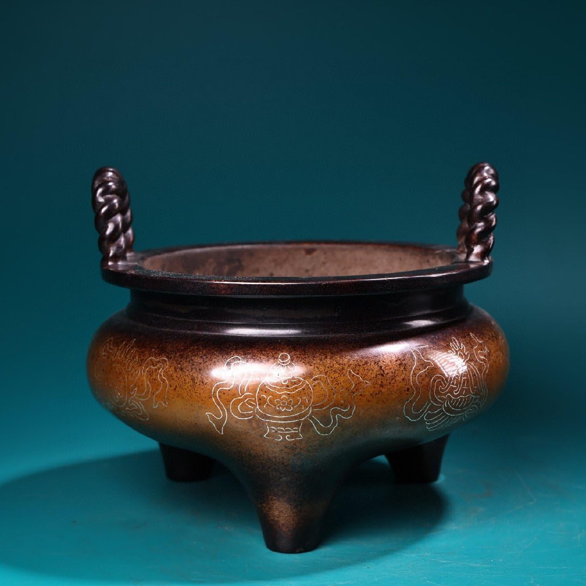 Amazon.co.jp: ノーブランド品古寳堂明宣德年製款紫銅製銀絲嵌雙耳三足  