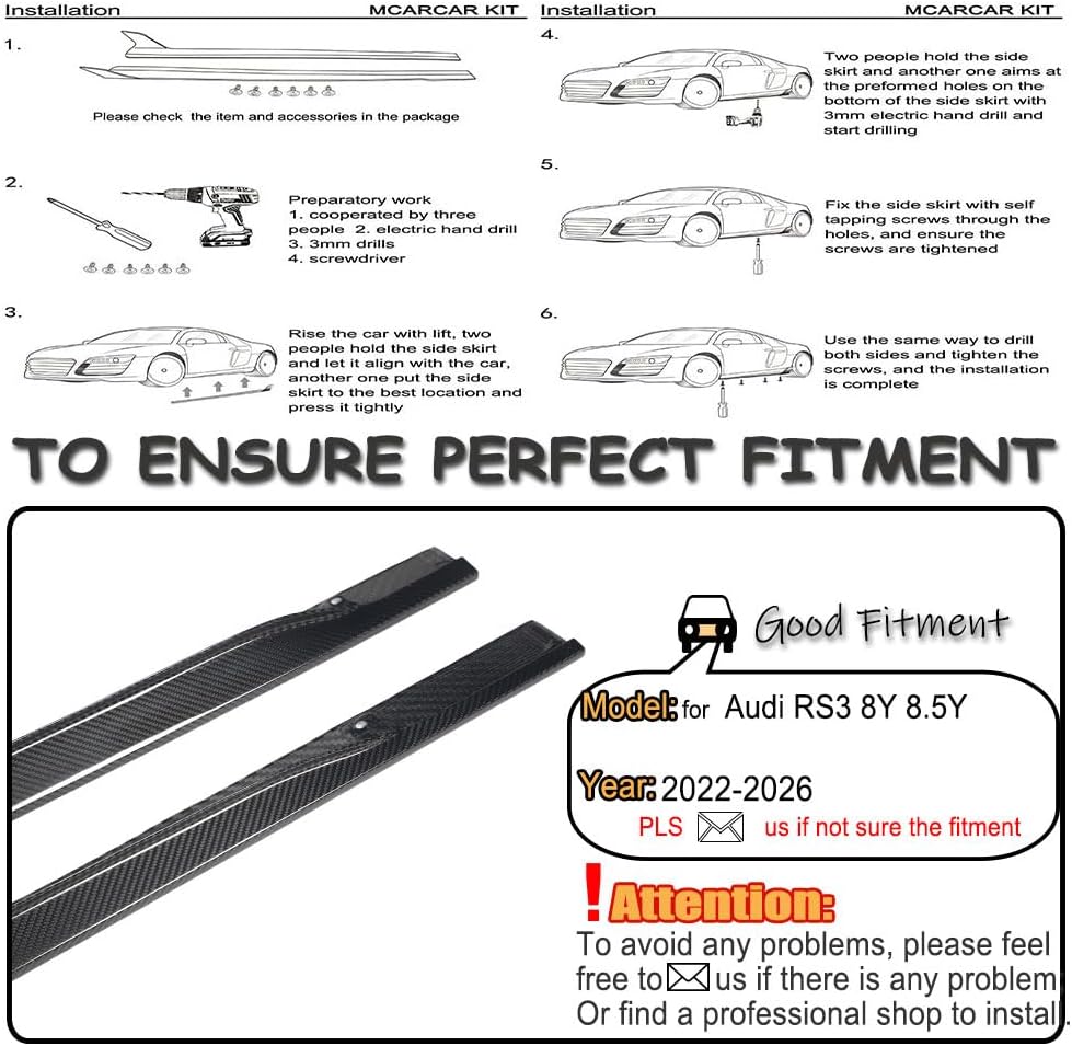 Dry Carbon Fiber Side Skirts Compatible with Audi RS3 8Y 2022-2023 Under Door Rocker Panels Valance Extension Lip Factory Outlet