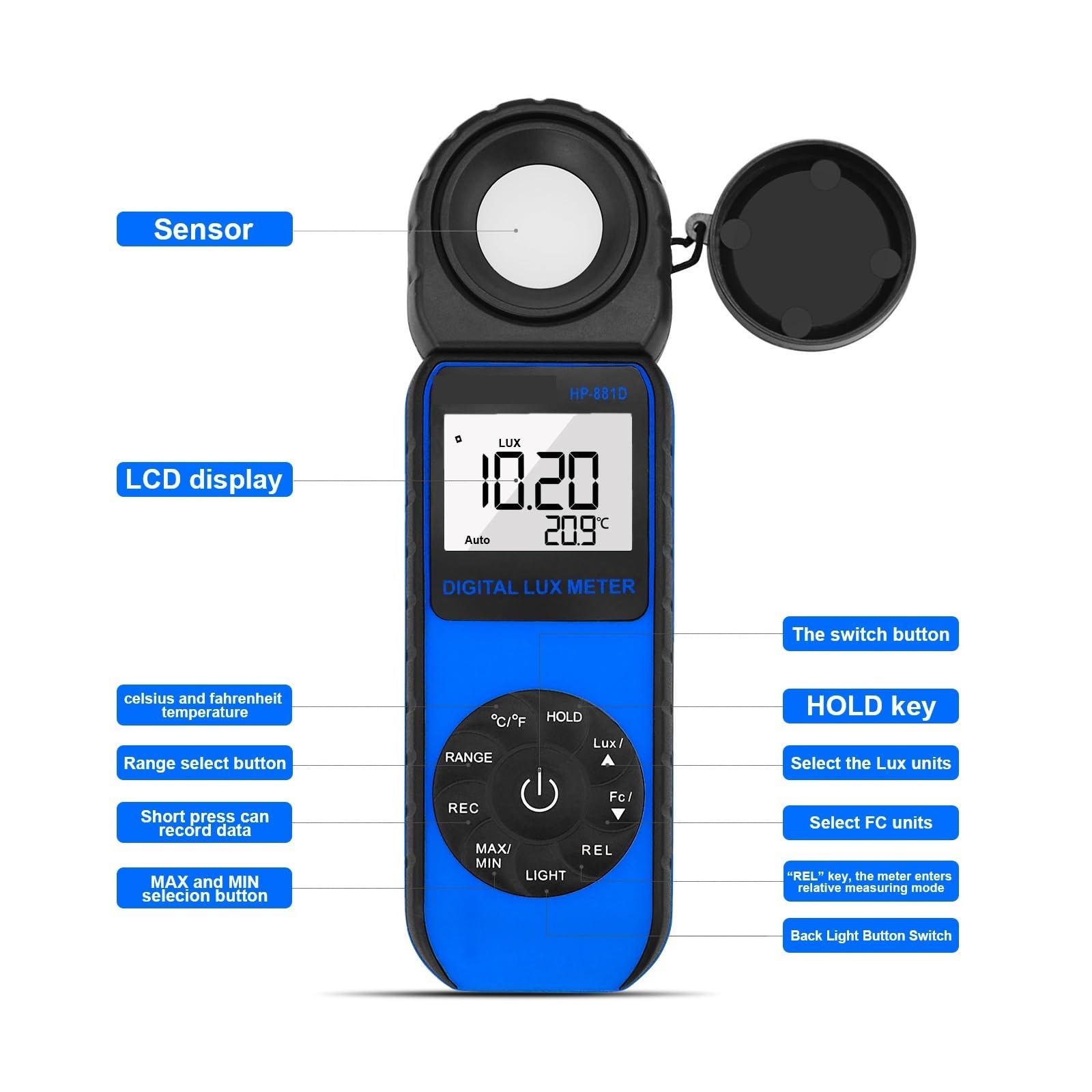 Medidor de Luz, Luxómetro digital compacto, pantalla de gráfico de barras de 3999 cuentas, transductores de diodo de silicio con filtro de luz for monitorizar el crecimiento de las plantas.(Yellow)