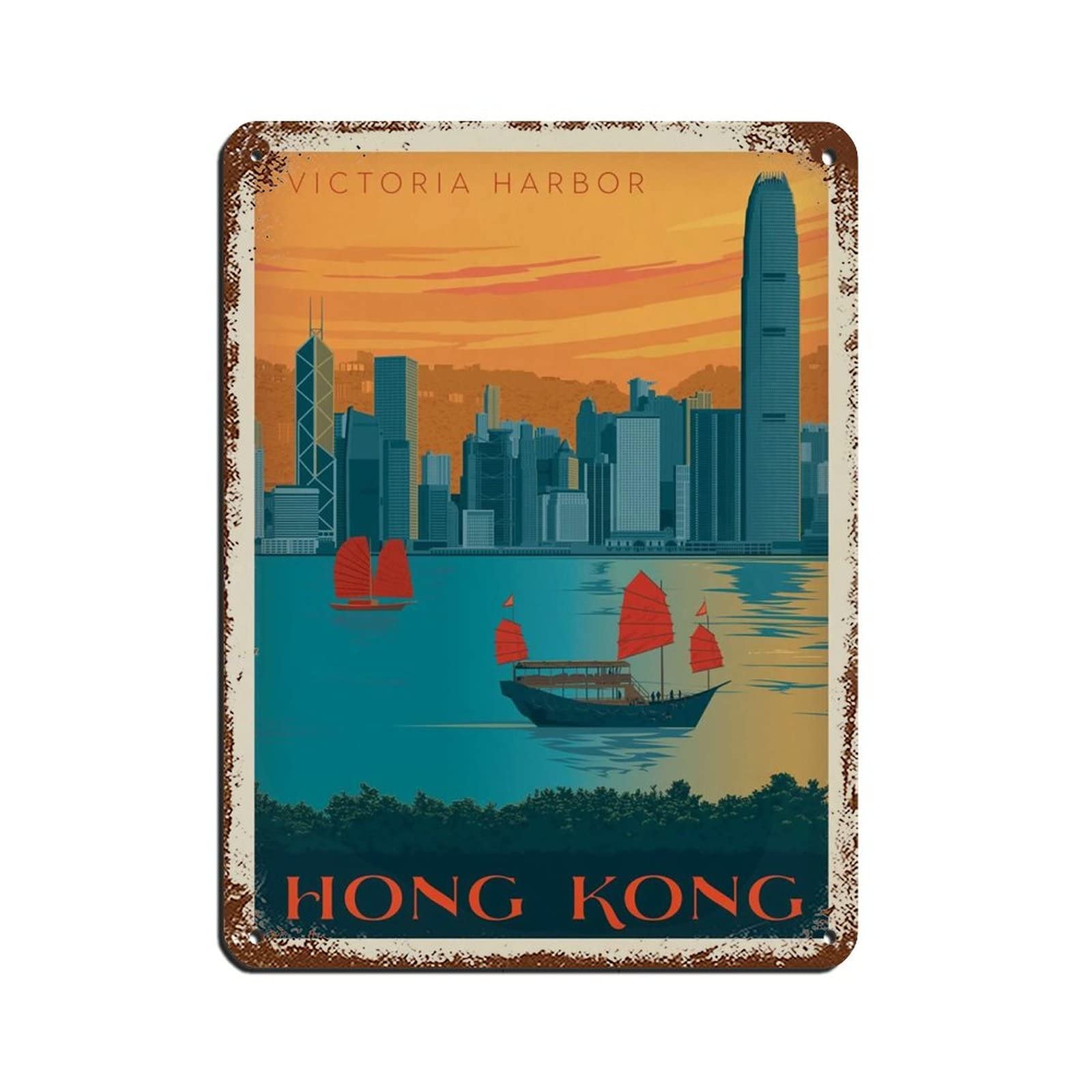 Azolid Vintage Tin Signs Hong Kong Travel Tin Signs Wall Decor For Cafe Bar Pub Home 14X20cm