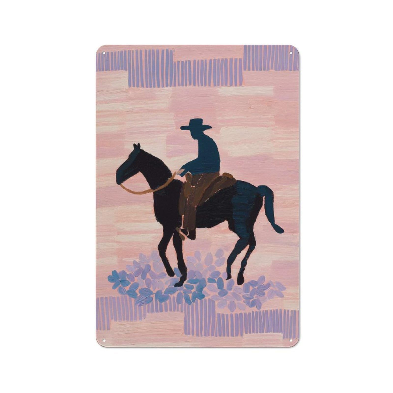 Junmoney Style-17 Metal Wall Sign 30X20cm Featuring Boho Cowboy On Horse Painting For Garage Or Workshop, Suited To Diy Enthusiasts