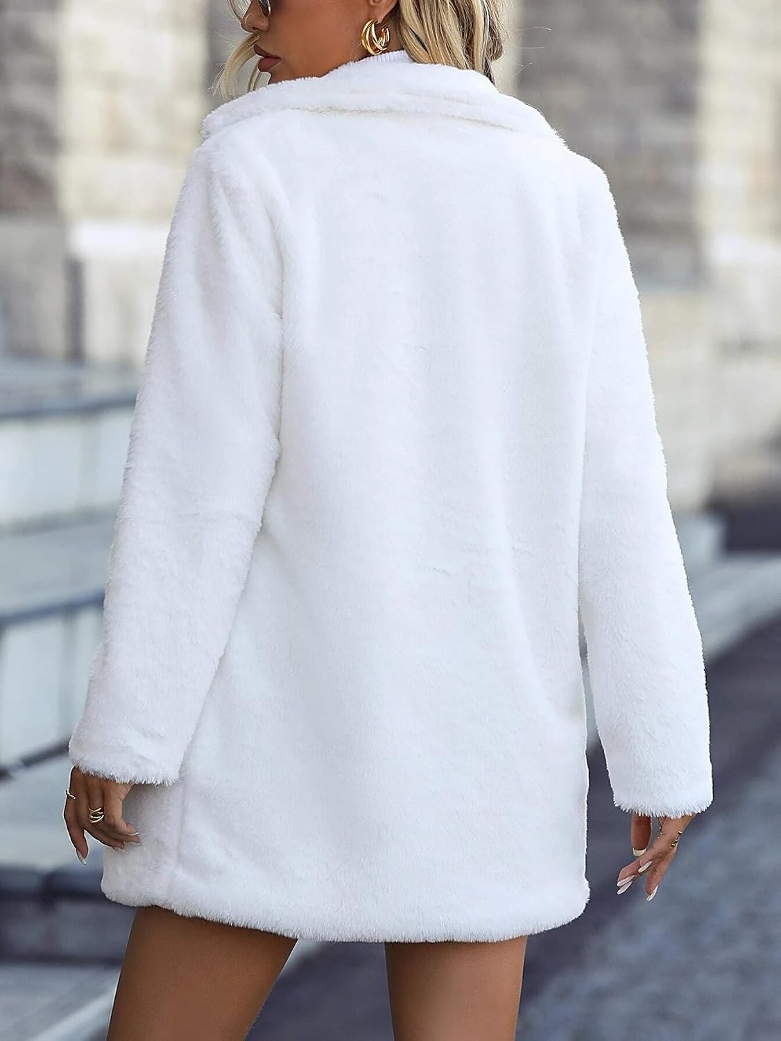 Women's Trench Coat Lapel Open Front Faux Fur Coat Long Sleeve Classic Overcoat
