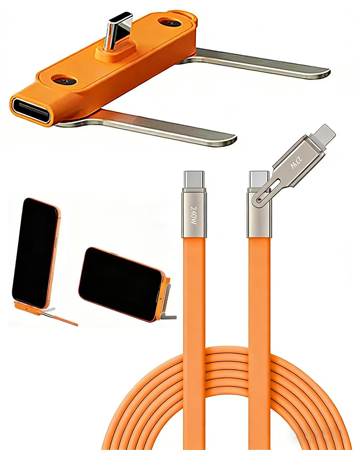 Cable de Carga Rapida 240W Soporte Plegable Telefono Movil, Desmontable 2 en 1 Tipo C, Cables Datos de Teléfono Plegables Invisible Portátil Automóvil Viajes Juegos (Orange Stand) — view 9