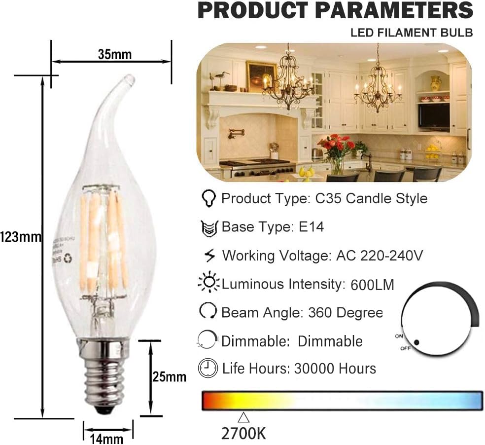 ZFQ E14 Dimmable LED Candle Light Bulbs, 6W 60W Equivalent Warm White 2700K, 600LM, C35 Bent Tip Flame Shape - Image 2